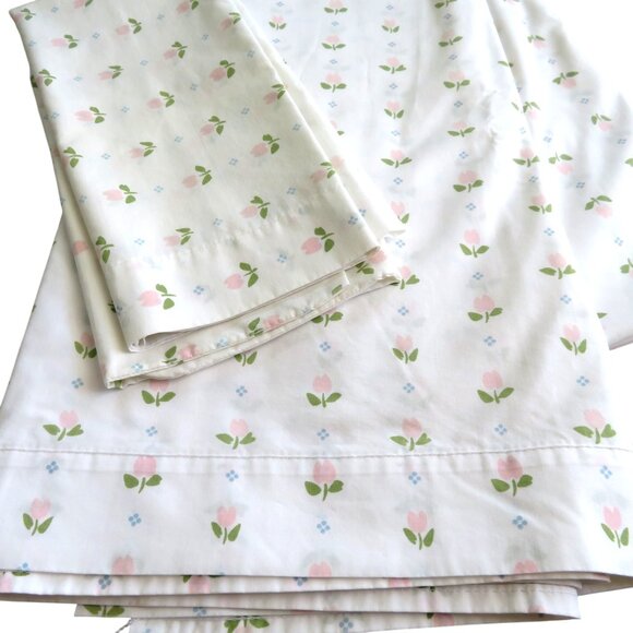 Vintage Double Flat Sheet Standard Pillowcase Set Pink Tulips Made In USA - Picture 7 of 11